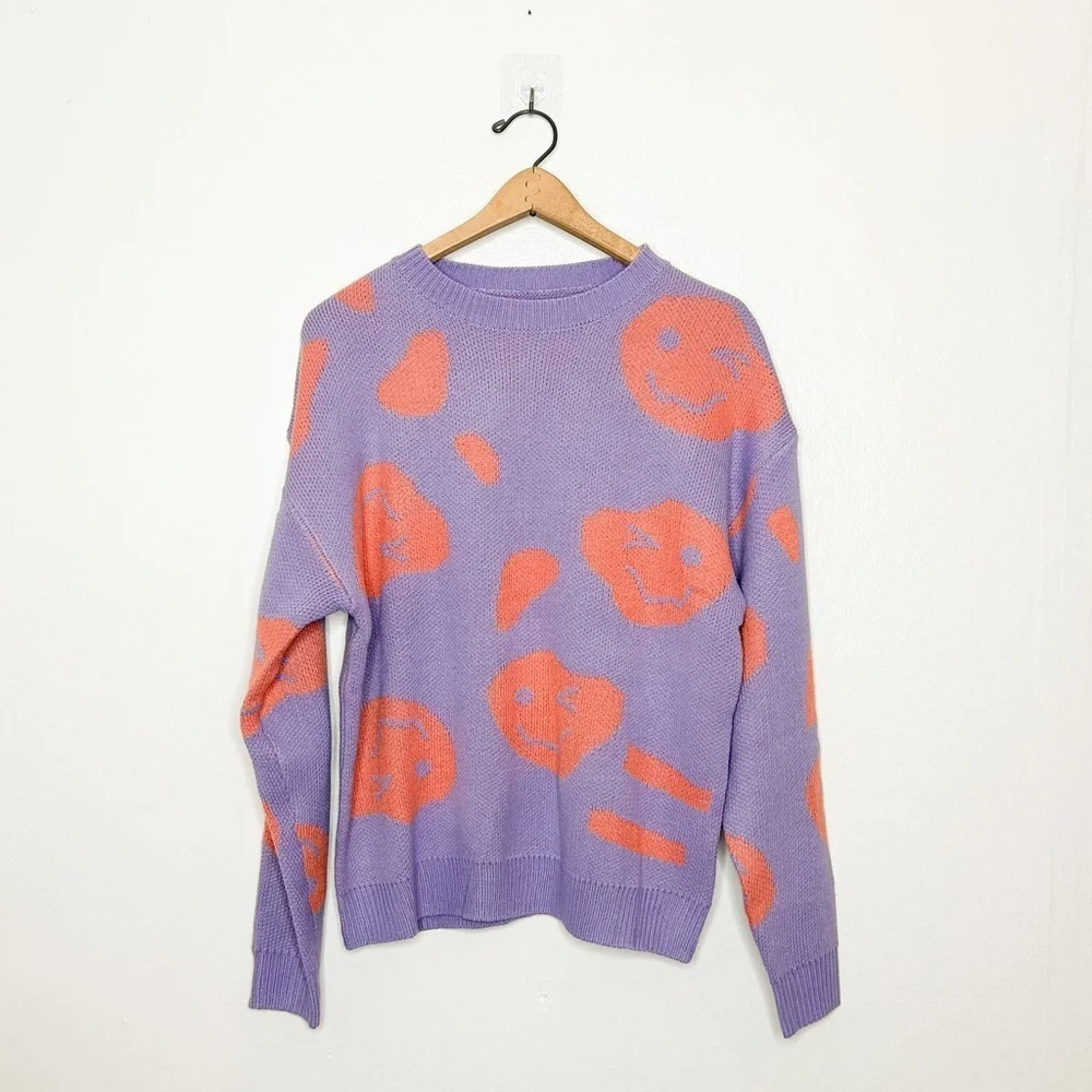 SHEIN Smiley Face‎ Emoji Pastel Purple Knit Crew Neck Sweater Medium M